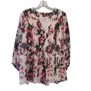 EUC Rose+Olive 1X Pink Burgundy Green Floral Sheer Lined 3/4j Sleeve Smock Top